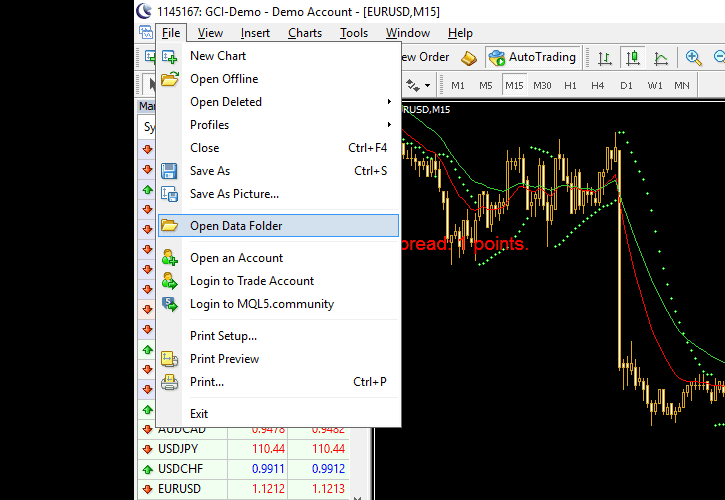 MT4 File menu showing Open Data Folder option