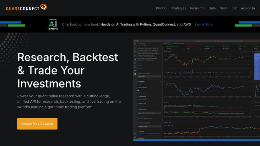 QuantConnect algorithmic trading platform homepage showing research, backtest, and trade interface with strategy equity charts