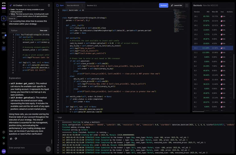 TradeLocker Studio algorithmic trading interface with AI-generated bot code, backtesting results, and strategy logs