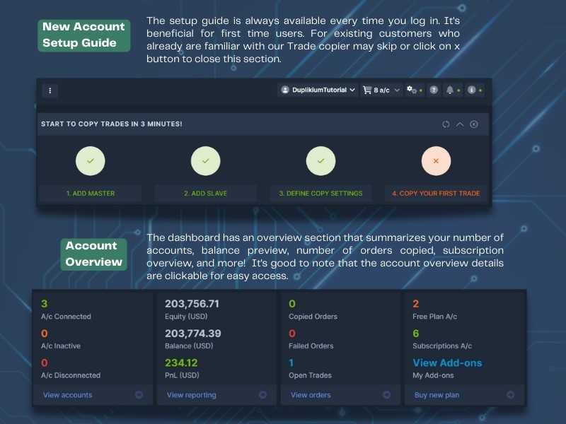 Trade copier dashboard showing connected accounts, broker status, balance, and risk type settings for multiple follower accounts