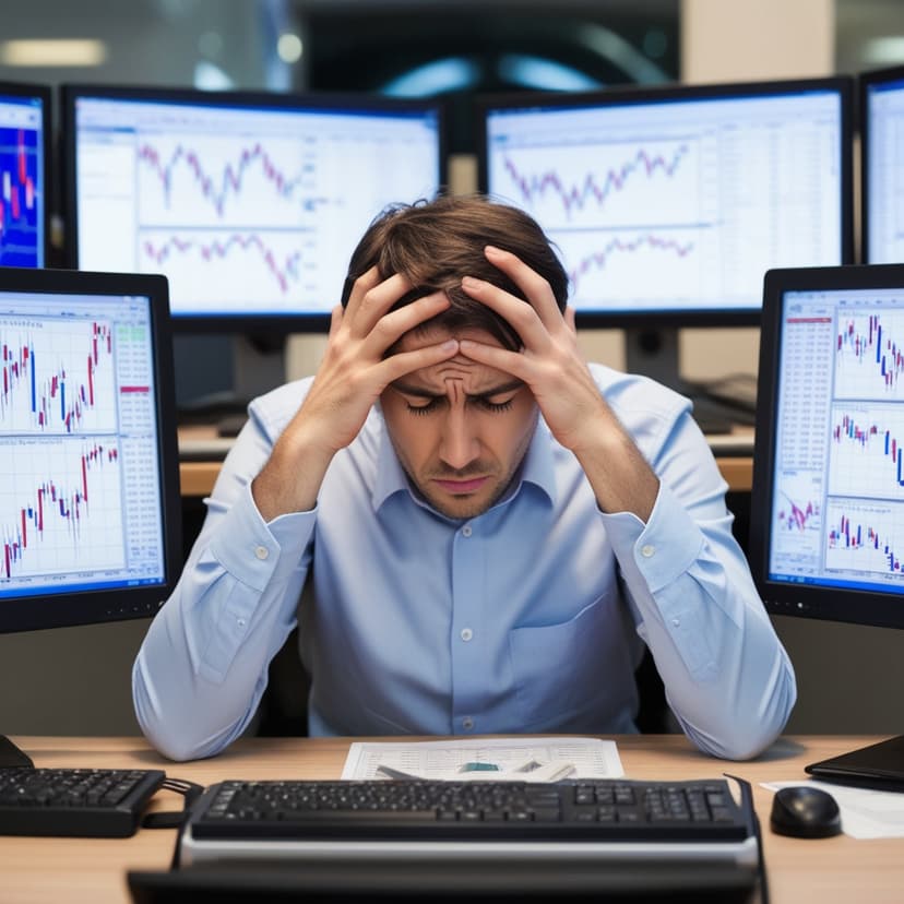 Forex trader experiencing burnout and stress while surrounded by multiple screens showing trading charts