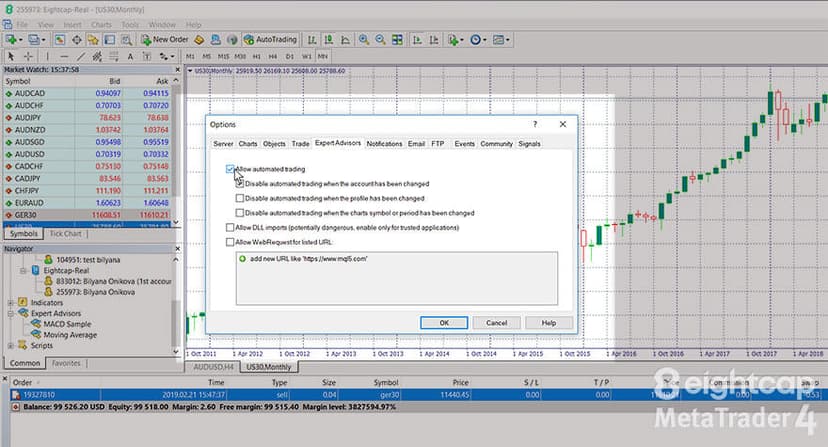 MetaTrader 4 Expert Advisor settings panel showing automated trading configuration options for forex robots