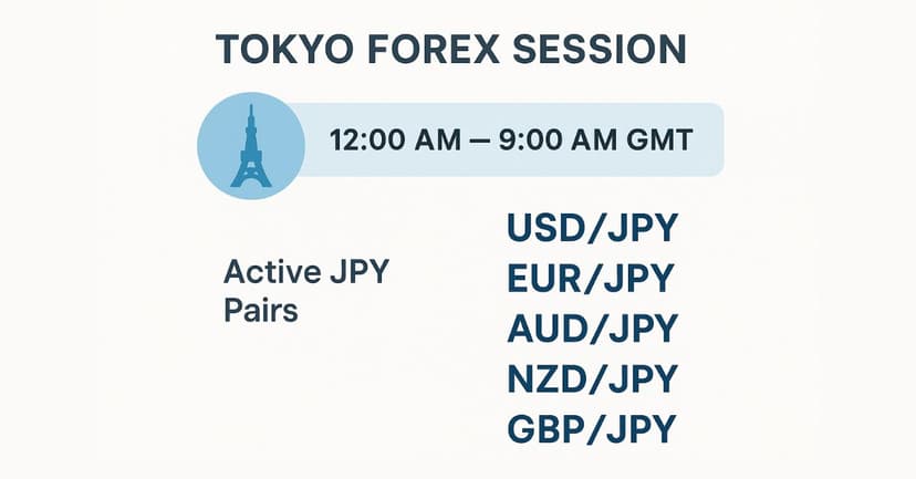 Tokyo forex session hours showing 12:00 AM to 9:00 AM GMT window with active JPY currency pairs for Asian trading