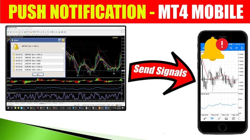 MetaTrader push notification setup from VPS to mobile phone showing trade signal alerts and chart data
