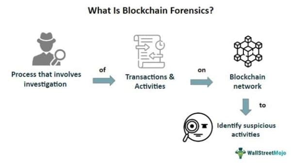 Blockchain forensics process diagram showing how investigators trace suspicious transactions and identify trading activities