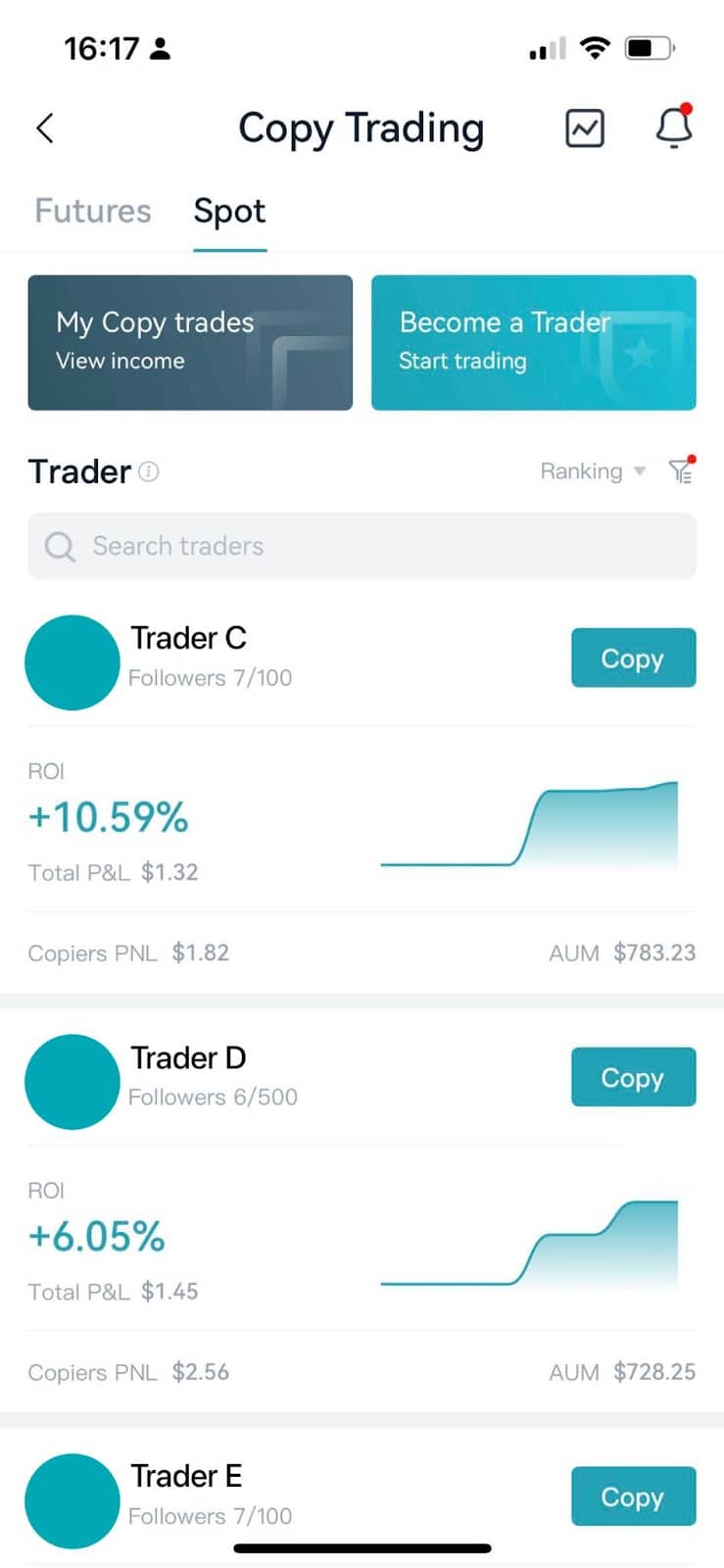 Mobile copy trading app showing spot and futures trader listings with ROI performance and follower capacity
