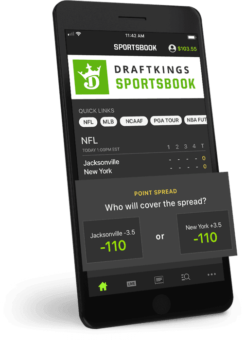 DraftKings Sportsbook app displaying NFL point spread odds at -110 showing the built-in vig that distinguishes sportsbooks from prediction markets