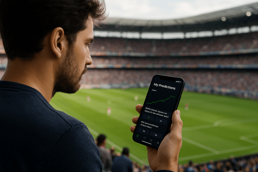 Trader checking prediction market event contract prices on a mobile app at a sporting event