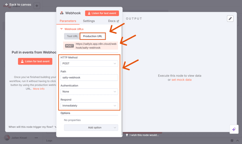 n8n MetaTrader webhook workflow: Webhook trigger node configured with POST method and production URL ready to receive MT5 events