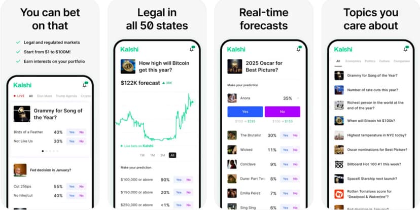Kalshi prediction market app showing event contracts for politics, economics, sports, and culture with Yes/No trading options