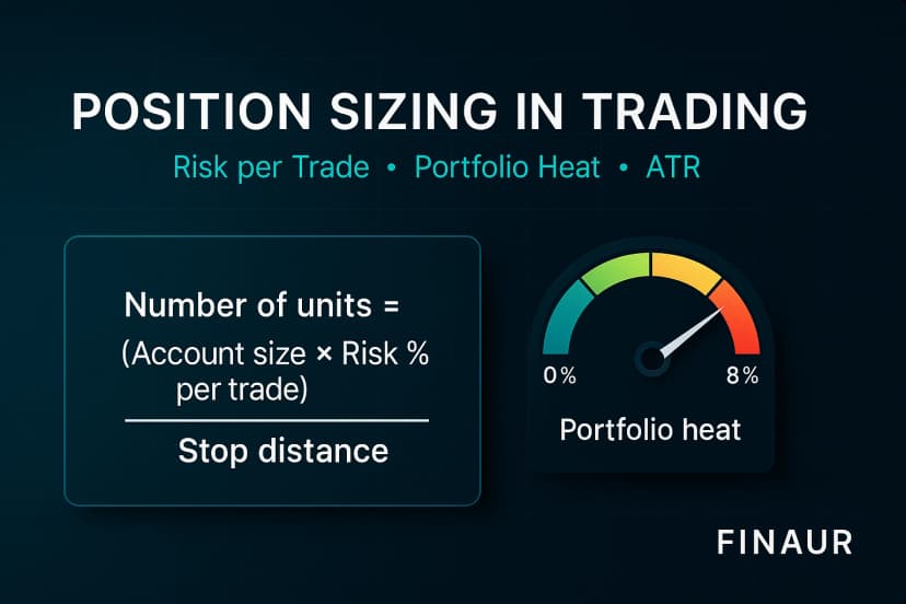 Position sizing formula for trading showing risk per trade, portfolio heat, and ATR-based calculation with stop distance