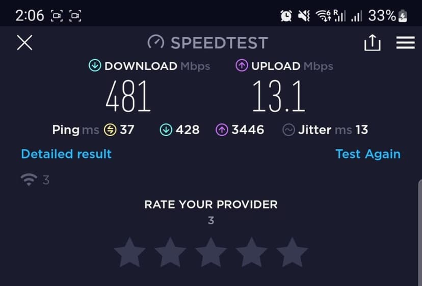 Internet speed test showing latency and bandwidth from a home connection
