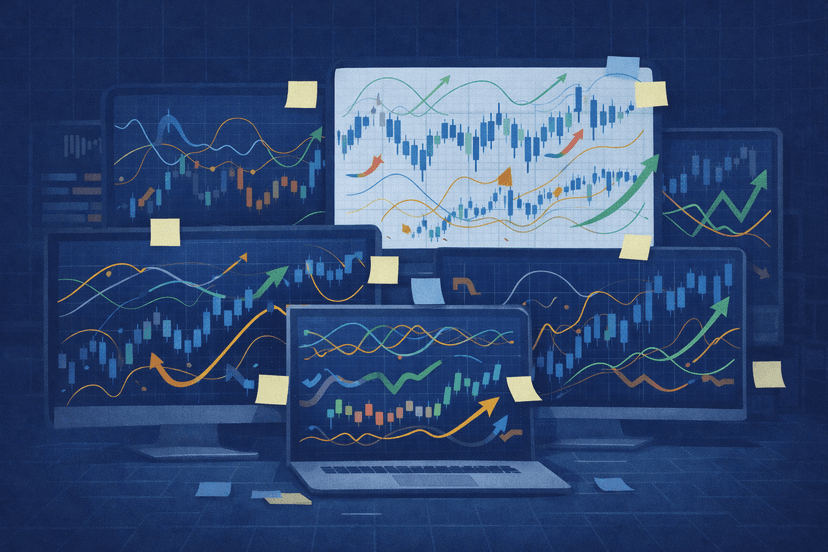 A cluttered multi-chart trading workspace with many indicators and data series