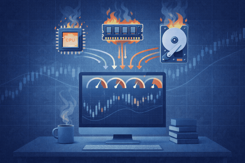A home PC under CPU, memory, and disk pressure while running a trading platform