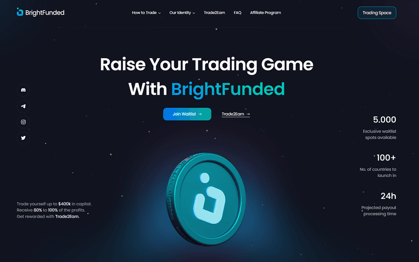 BrightFunded Trade2Earn landing page showing token coin with 400K capital, 100 percent profits, and 24-hour payout processing