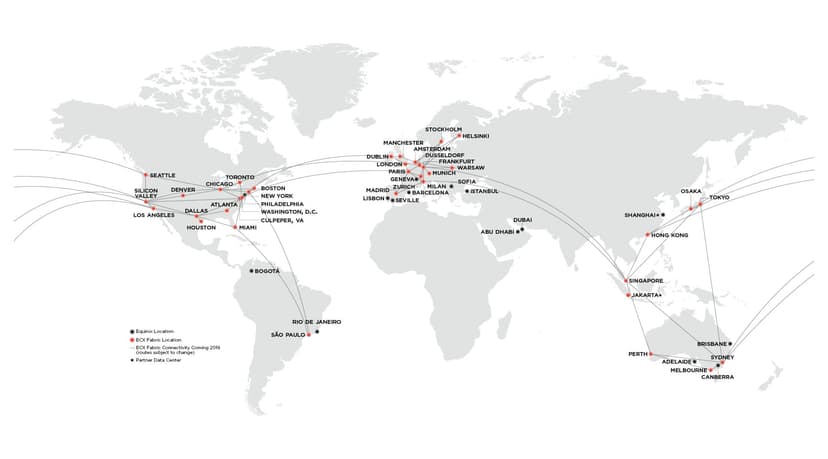 Equinix global IBX data center map showing financial trading hubs including NY4, LD4, TY3, SG1, HK1, and DUB1 worldwide