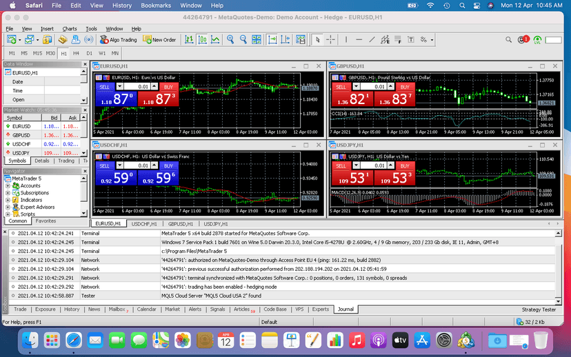 MetaTrader 4 multi-chart layout running on macOS Safari with EUR/USD GBP/USD USD/JPY USD/CHF charts via MT4 macOS Wine wrapper