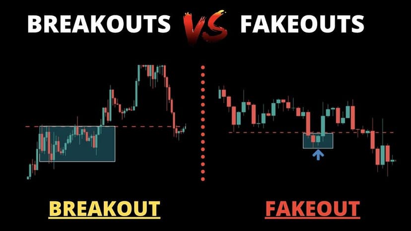 Side-by-side comparison of a real forex breakout with sustained follow-through versus a fakeout that reverses back into range