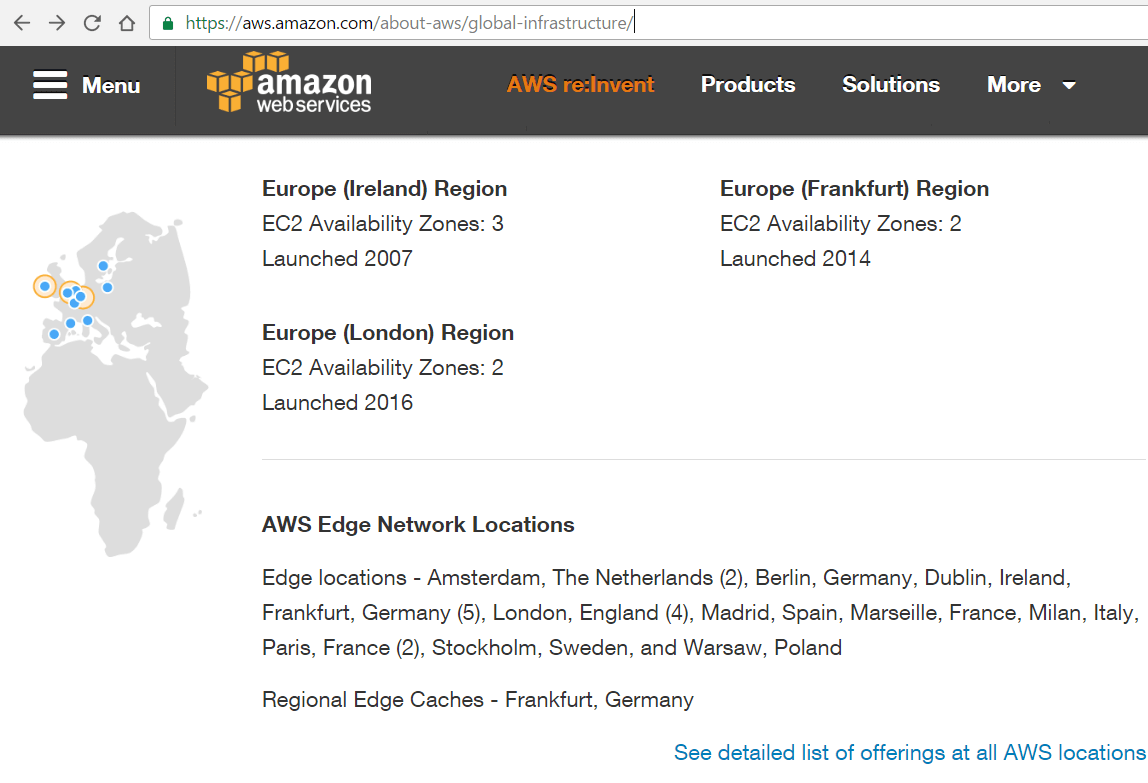 AWS European regions map showing Ireland eu-west-1 and London eu-west-2 where Polymarket servers are hosted