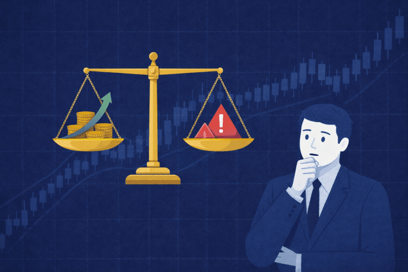 Trader weighing pros and cons on a balance scale with trading charts