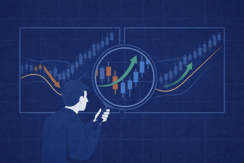 Trader analyzing charts with magnifying glass for detailed comparison