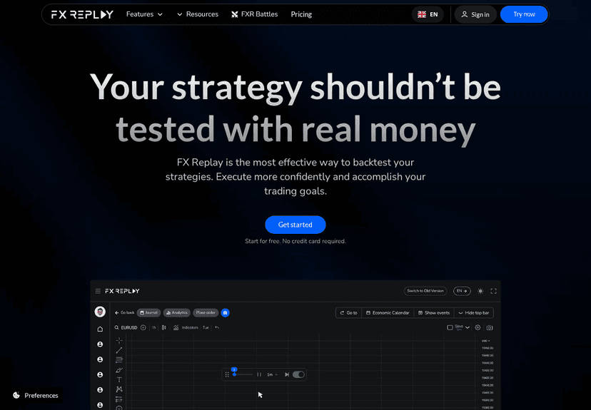 FX Replay homepage showing browser based backtesting platform and chart preview