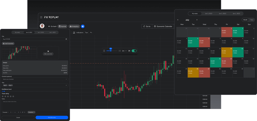 FX Replay journal and analytics interface with trade notes and performance calendar