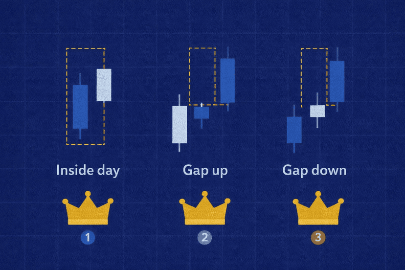 Three True Range cases comparing inside day, gap up, and gap down measurements