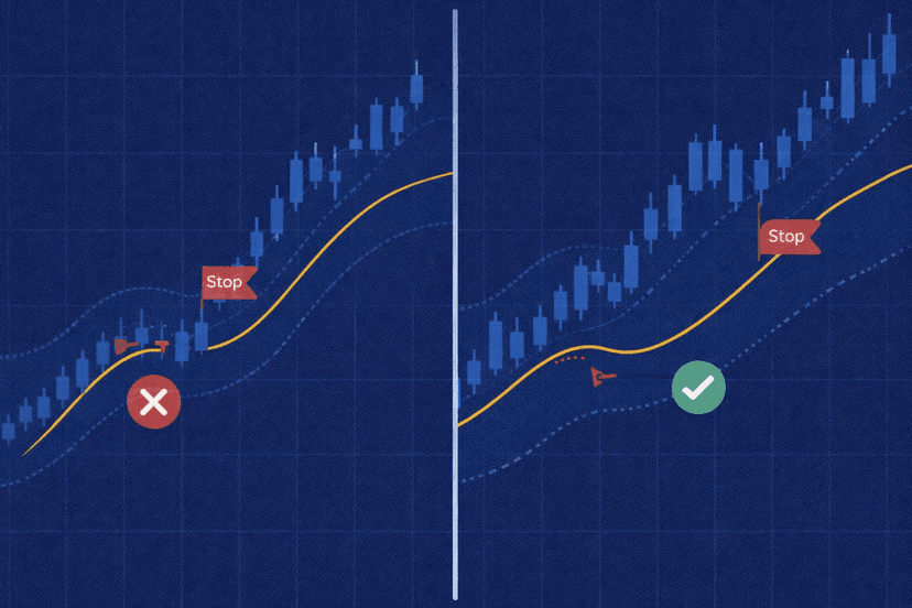Tight and wide ATR multiplier stops showing premature exit versus room for a trend