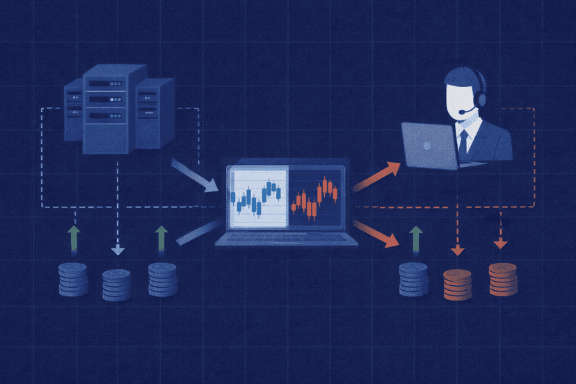 Diagram comparing ECN raw-spread and market-maker execution models