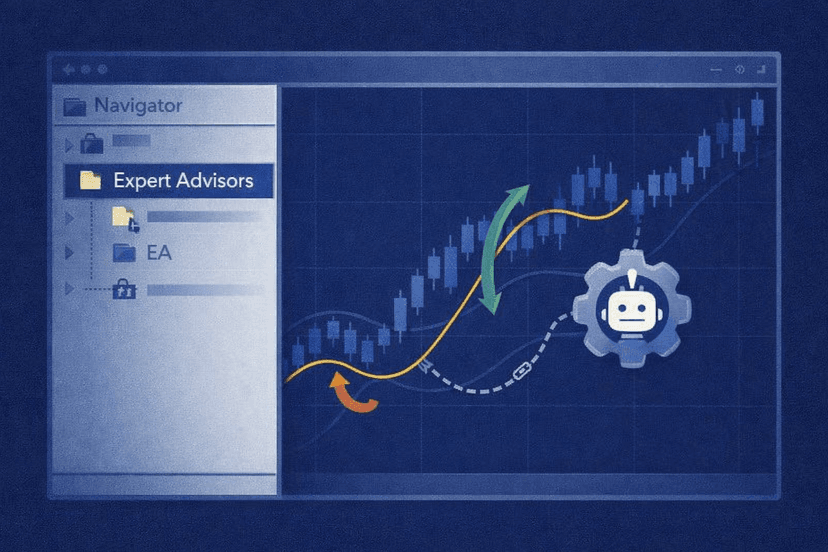 MT4 Navigator panel with an Expert Advisor attached to a trading chart