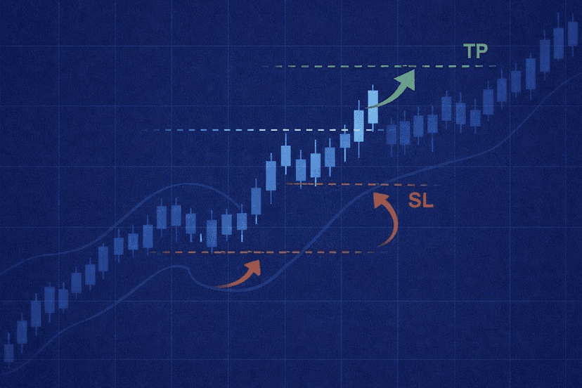 Gold House MT5 swing high breakout diagram with stop-loss and take-profit levels