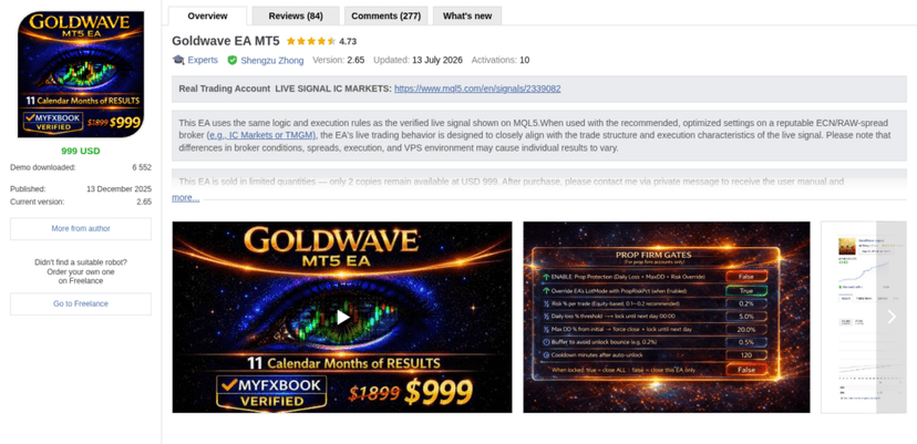 Goldwave EA MT5 MQL5 product page