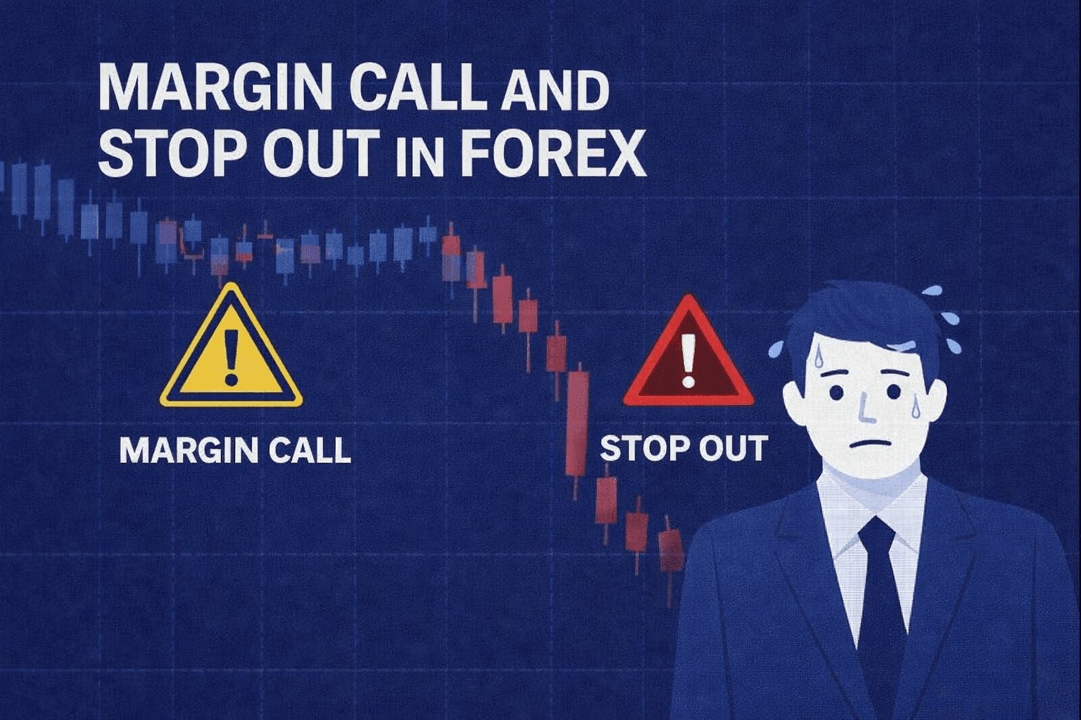 Margin call and stop out in forex illustrated with a falling margin-level gauge