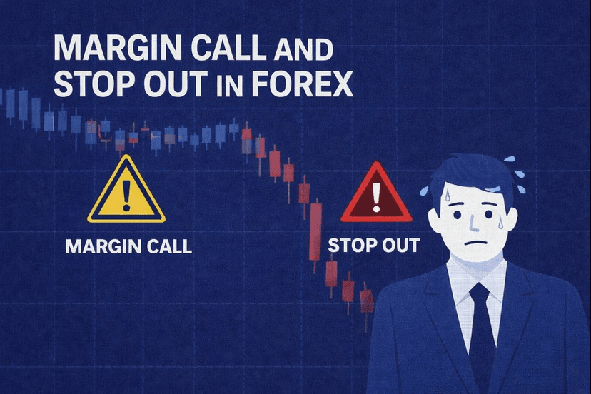 Margin call and stop out in forex illustrated with a falling margin-level gauge