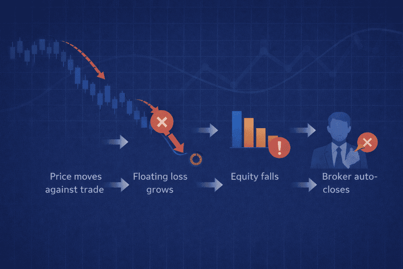 Stop-out sequence from a losing forex trade to automatic broker liquidation