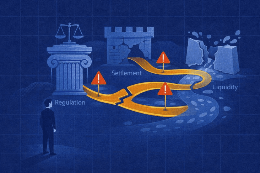 Warning symbols representing regulatory, settlement, and liquidity risk