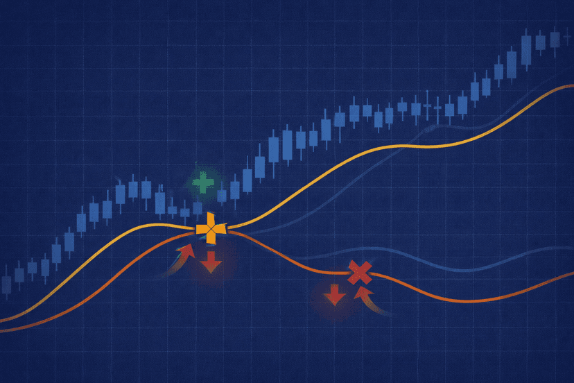 Golden cross and death cross on a 50/200 moving average chart