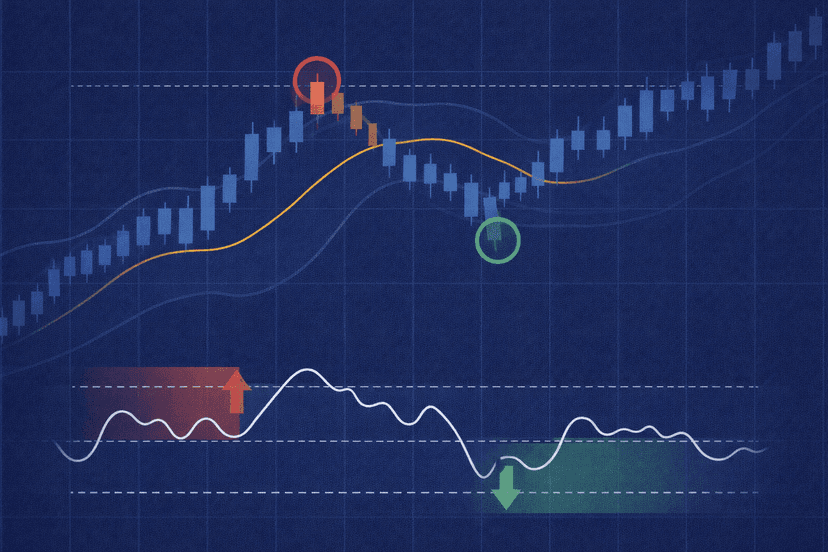 Forex chart with overbought and oversold RSI signals above 70 and below 30