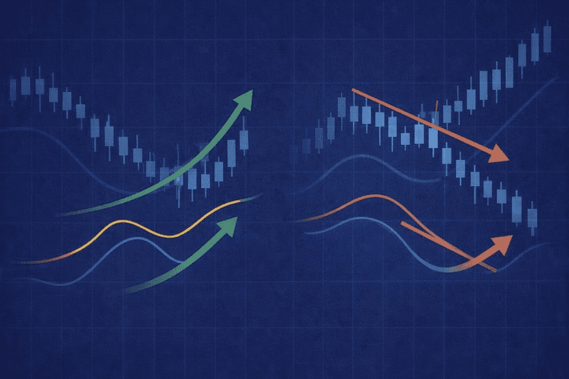 Forex price chart comparing bullish and bearish RSI divergence patterns