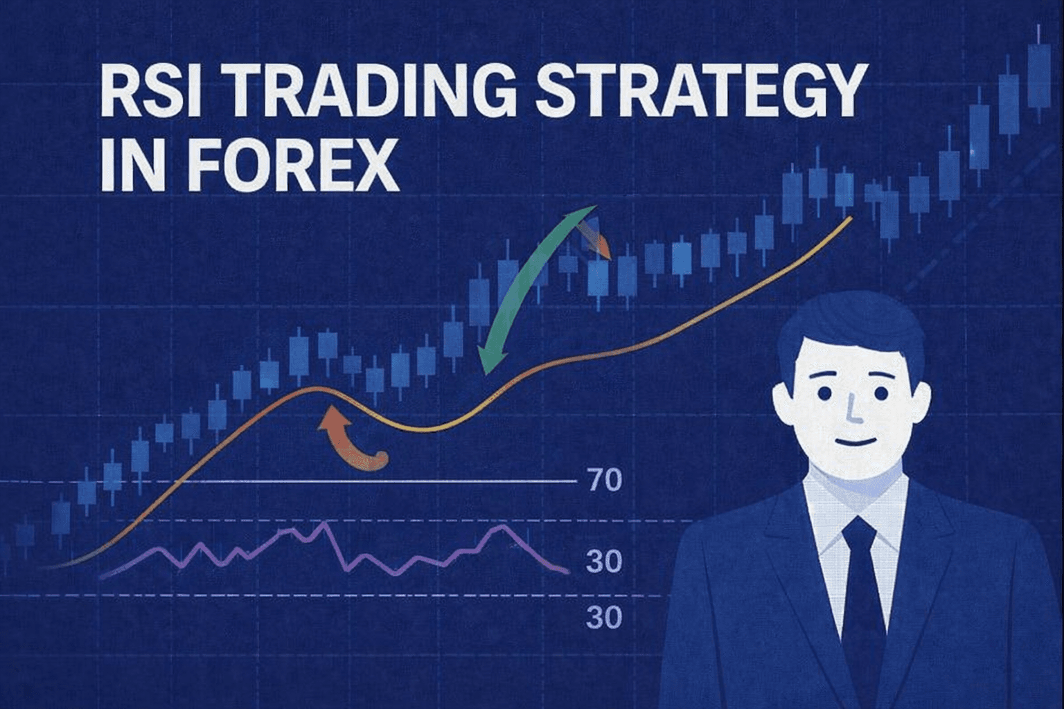 RSI trading strategy shown with a forex candlestick chart and 70/30 oscillator bands
