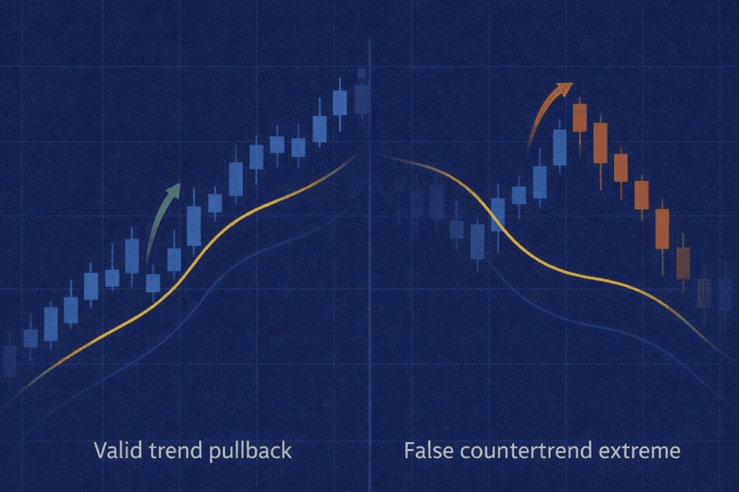 Valid trend pullback compared with a false countertrend stochastic extreme
