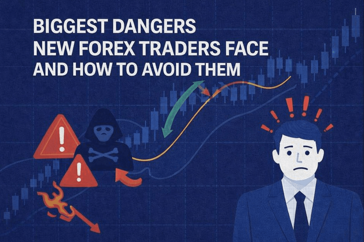 Dangers new forex traders face shown by a beginner watching a falling currency chart
