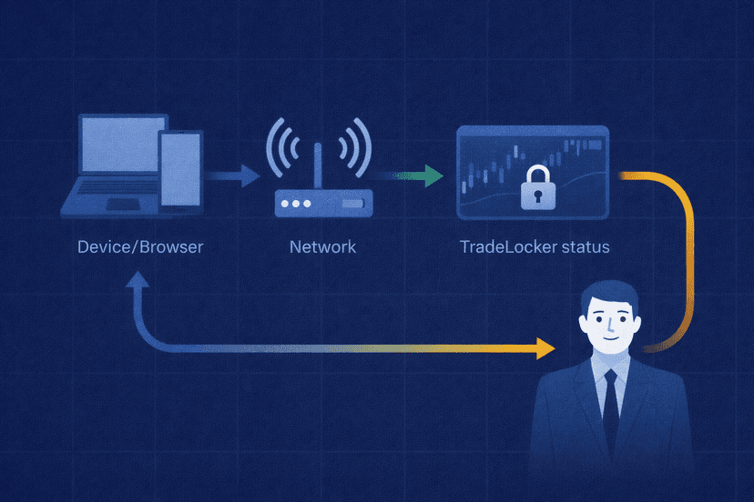 Diagnostic flowchart for tracing TradeLocker lag through device, network, platform status, and broker layers