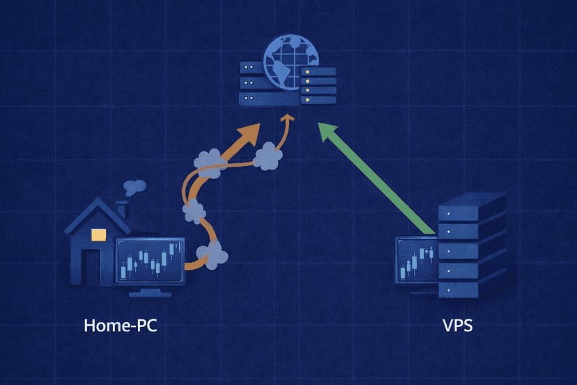 Home PC and VPS two-path latency diagram for TradeLocker