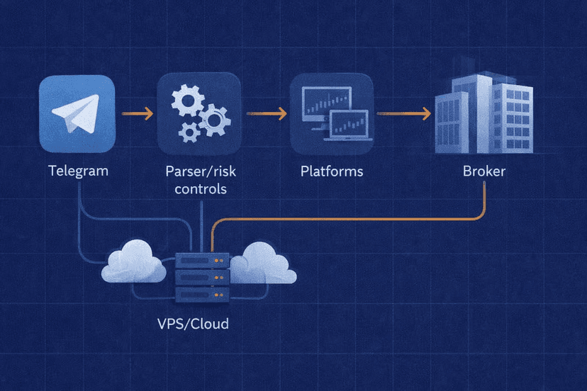 TSCopier workflow from Telegram through risk controls to broker platforms
