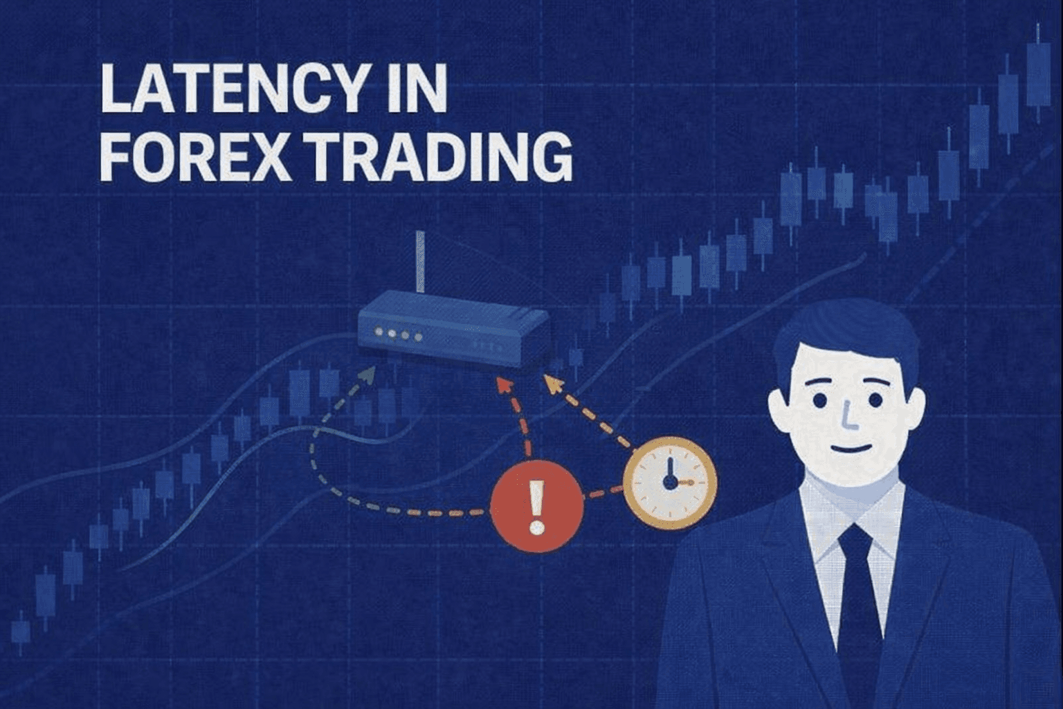 Latency in forex trading illustrated by a millisecond timer, candlestick chart, and broker server connection