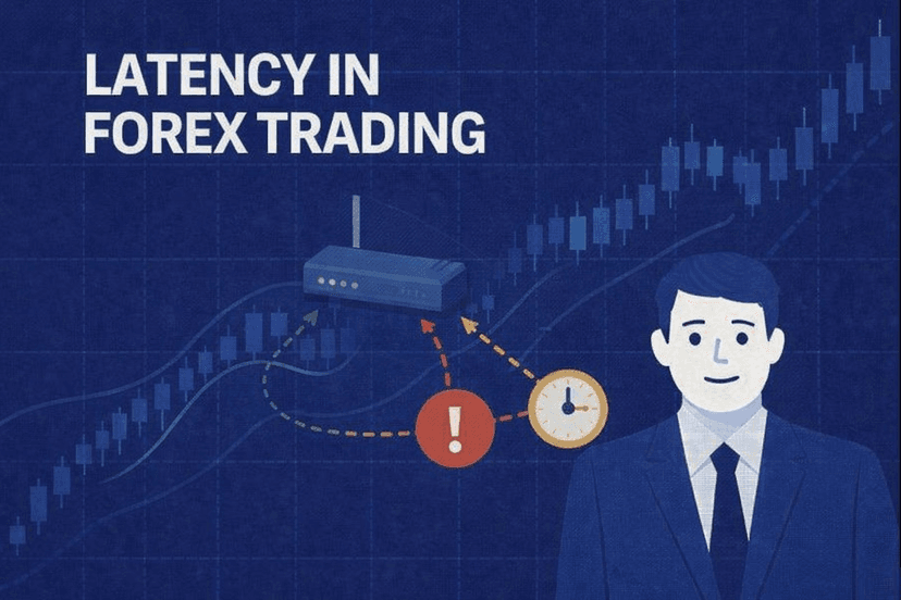 Latency in forex trading illustrated by a millisecond timer, candlestick chart, and broker server connection