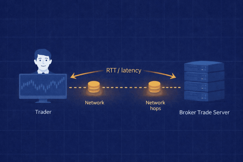 Forex order round trip showing platform, network hops, broker server, and RTT latency