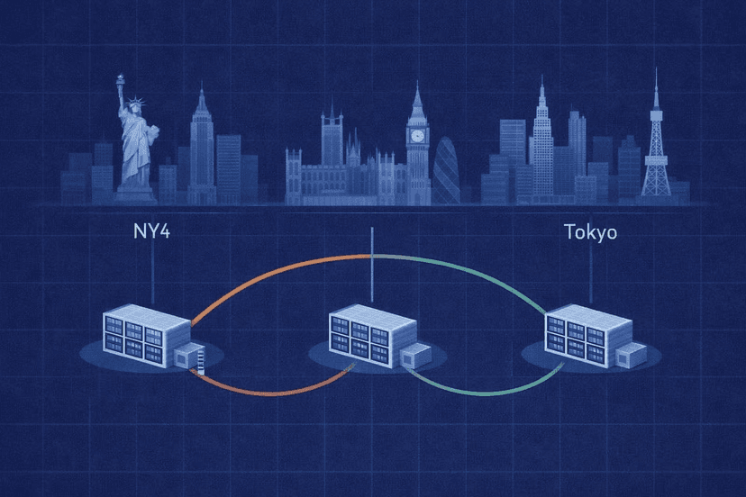 Map of Equinix NY4, LD4, LD5, and TY3 forex trading hubs